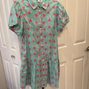 J. Crew Teal and Pink Floral Button-Up Dress